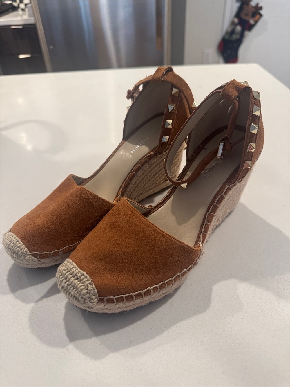 Marc Fisher Stud-Trim Espadrille Wedge Sandals in Cognac